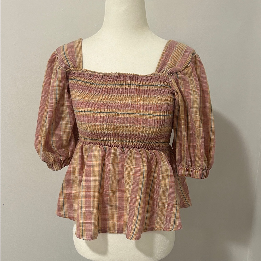 Plaid Smocked Peplum Top - Pink and Tan